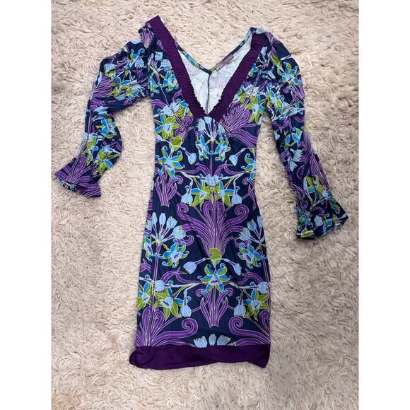 Hale Bob Dress Eclectic Blue Green & Purple V Neck Size Small - Picture 6 of 7